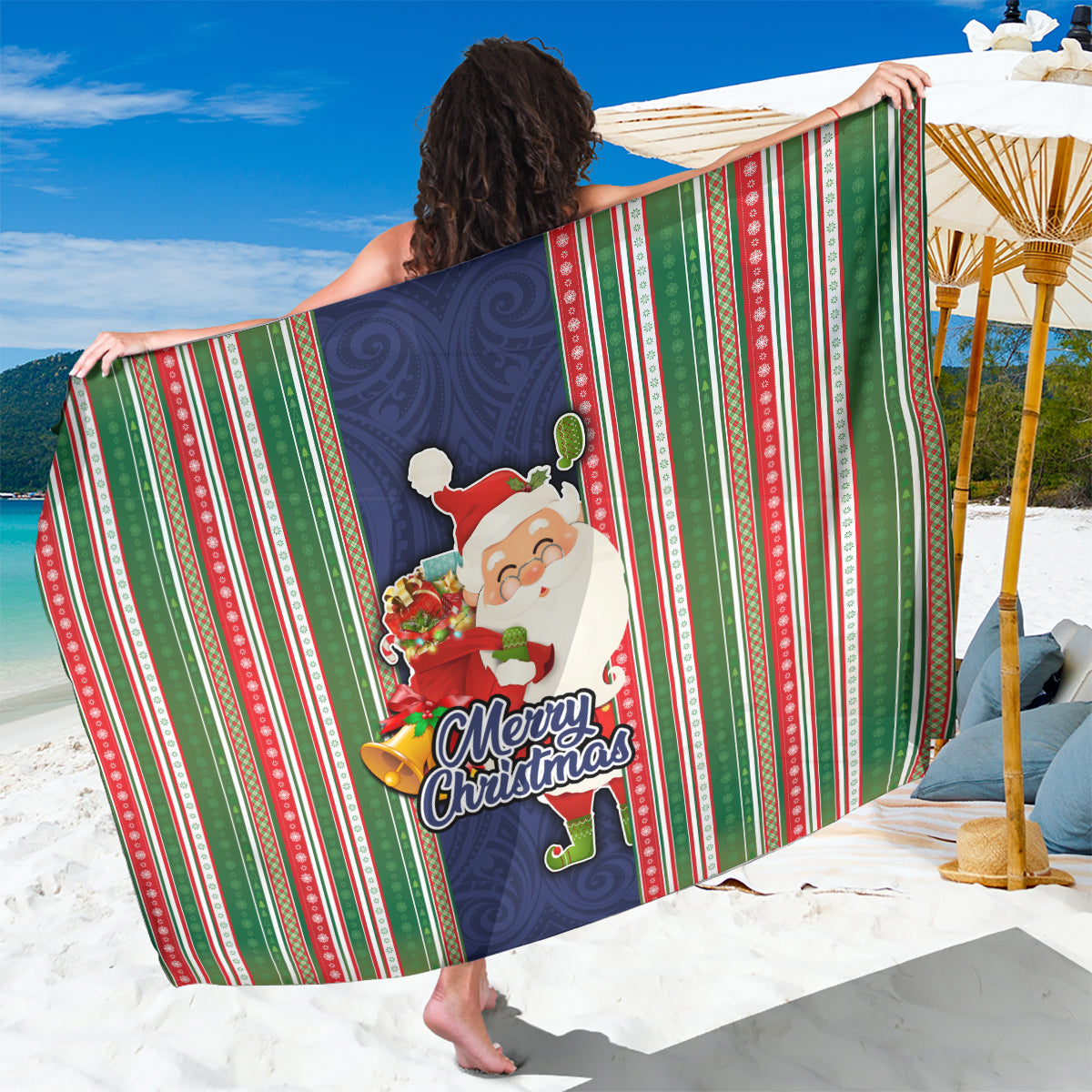 Kiribati Christmas Sarong Santa With Gift Bag Behind Ribbons Seamless Blue Maori LT03 One Size 44 x 66 inches Blue - Polynesian Pride