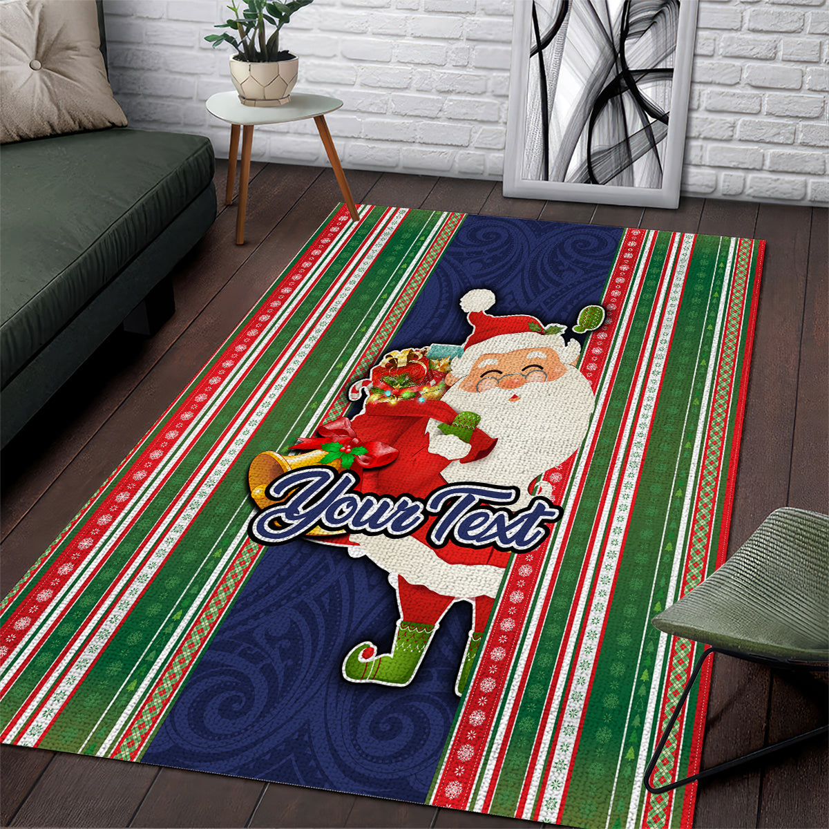 Custom Kiribati Christmas Area Rug Santa With Gift Bag Behind Ribbons Seamless Blue Maori LT03 Blue - Polynesian Pride