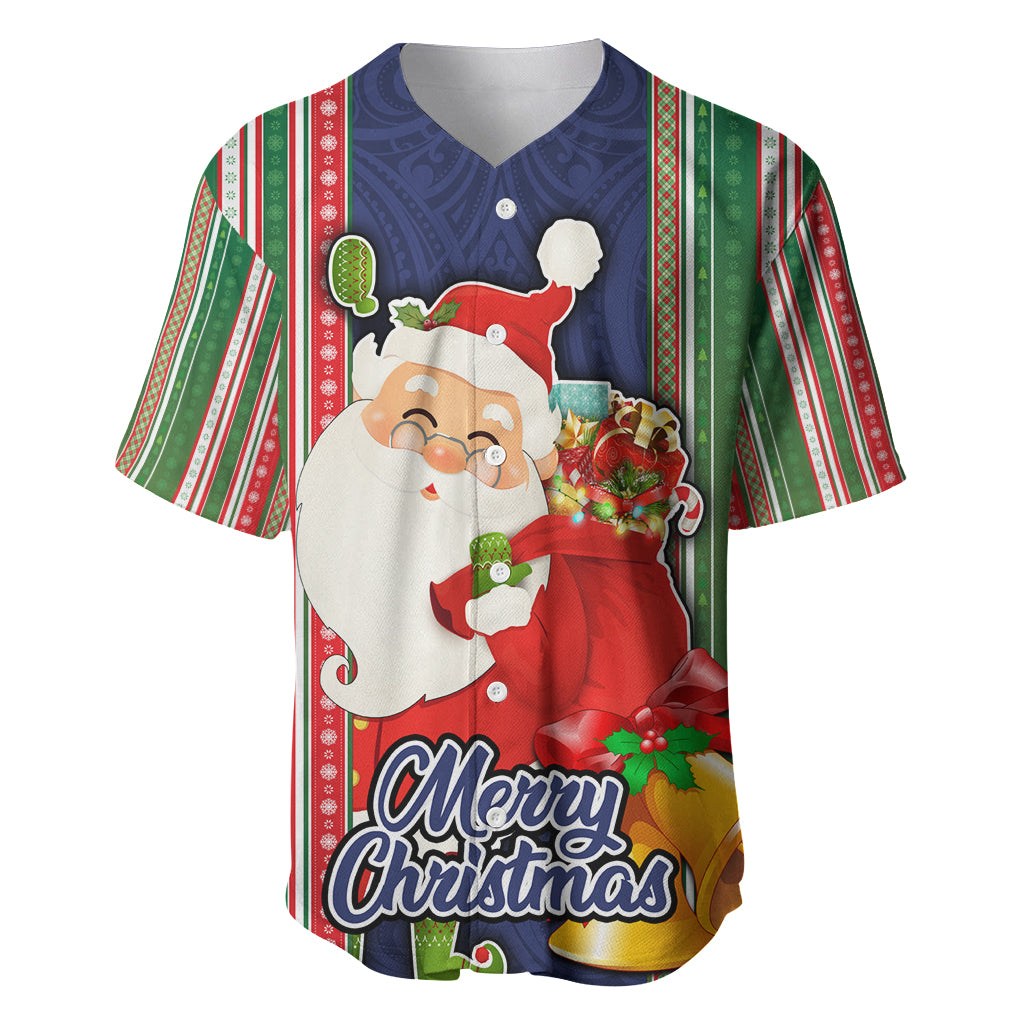 Custom Kiribati Christmas Baseball Jersey Santa With Gift Bag Behind Ribbons Seamless Blue Maori LT03 Blue - Polynesian Pride