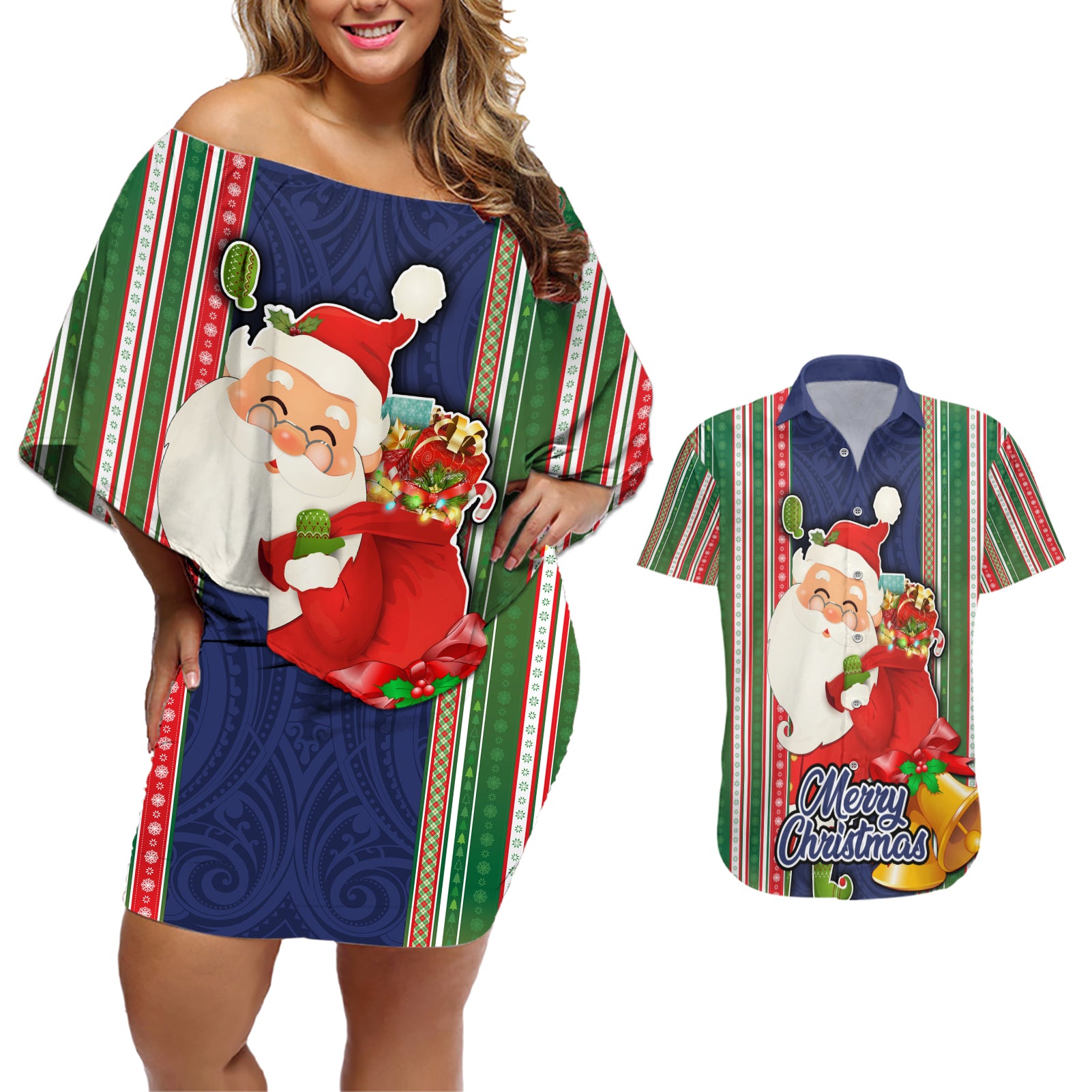 Custom Kiribati Christmas Couples Matching Off Shoulder Short Dress and Hawaiian Shirt Santa With Gift Bag Behind Ribbons Seamless Blue Maori LT03 Blue - Polynesian Pride