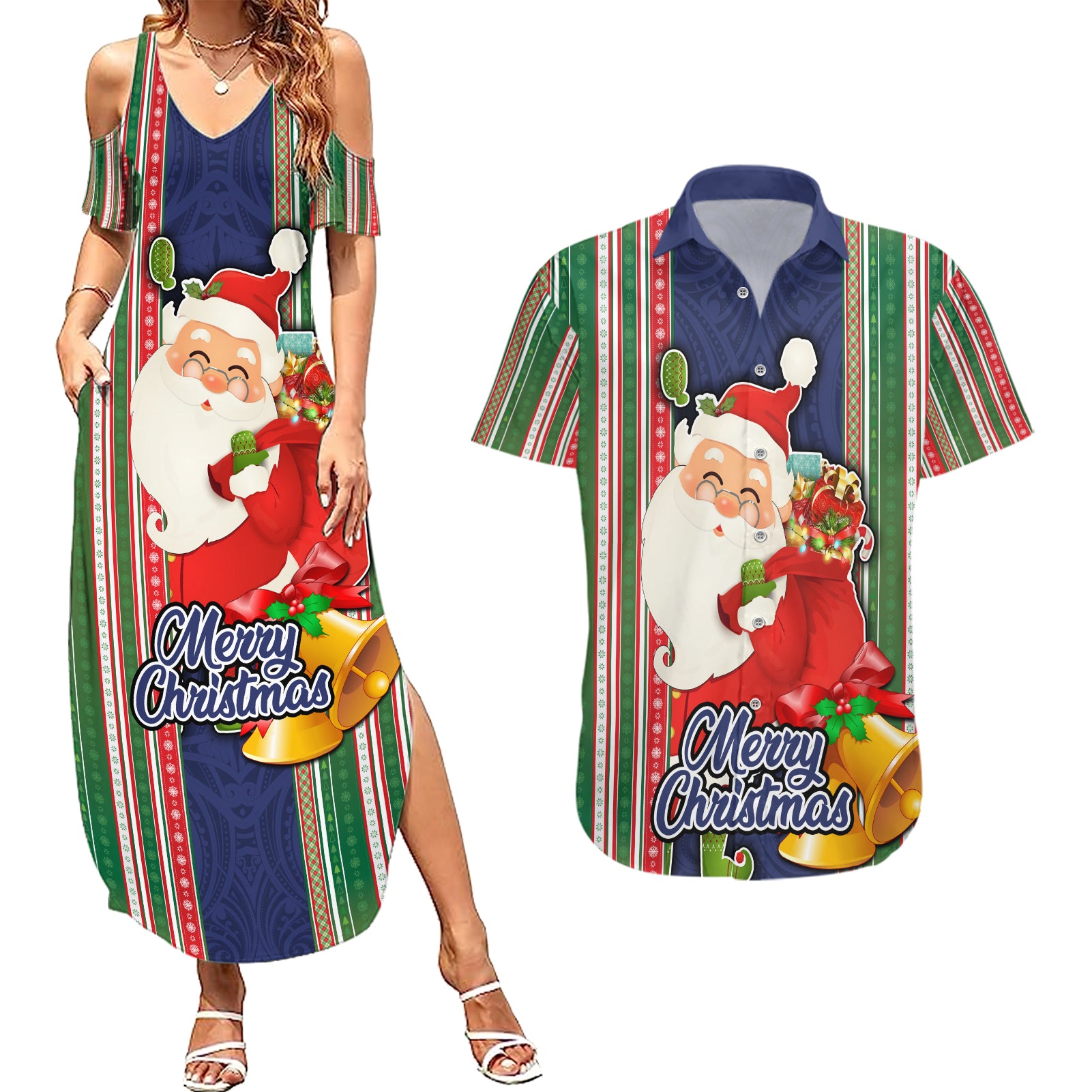 Custom Kiribati Christmas Couples Matching Summer Maxi Dress and Hawaiian Shirt Santa With Gift Bag Behind Ribbons Seamless Blue Maori LT03 Blue - Polynesian Pride