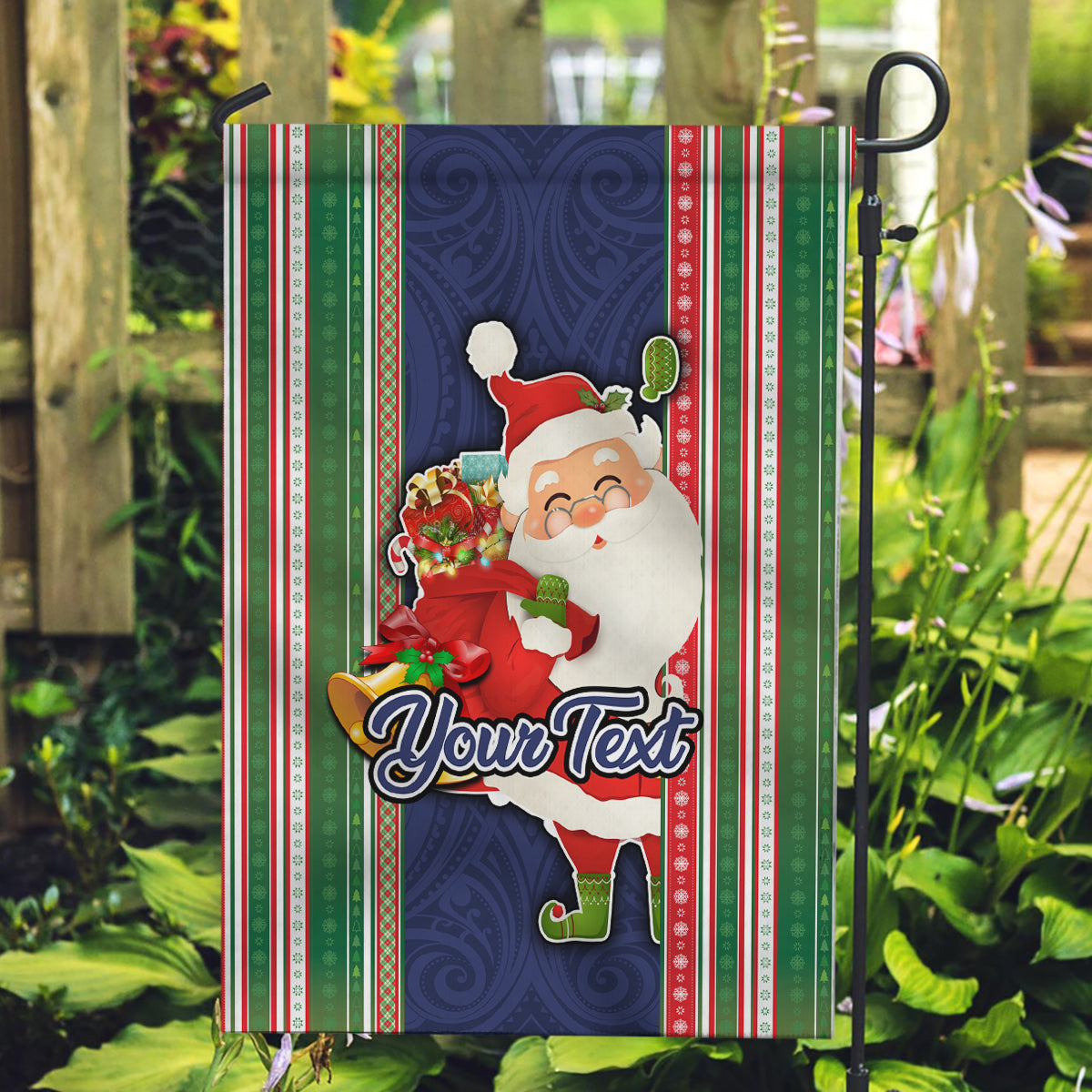 Custom Kiribati Christmas Garden Flag Santa With Gift Bag Behind Ribbons Seamless Blue Maori LT03 Garden Flag Blue - Polynesian Pride