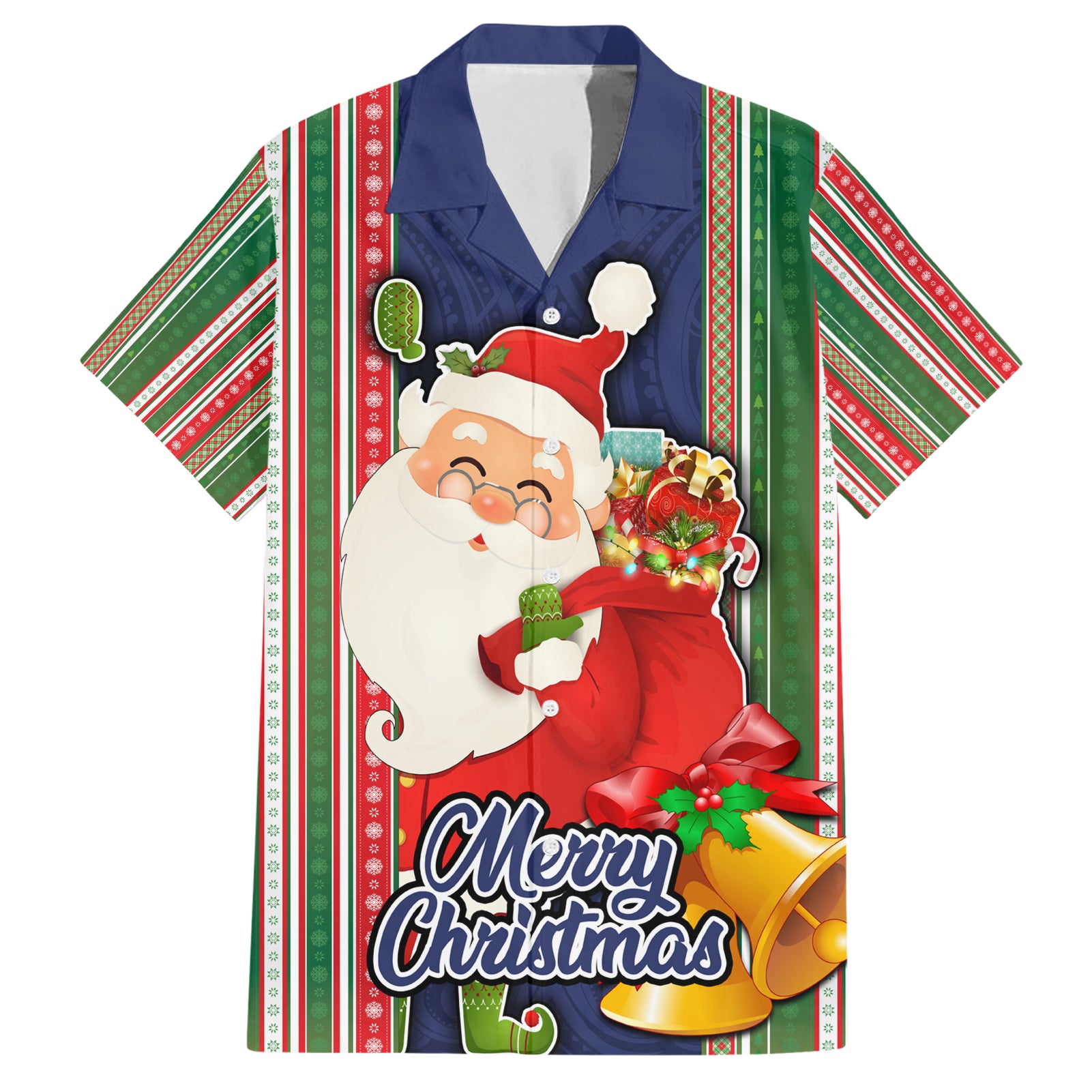 Custom Kiribati Christmas Hawaiian Shirt Santa With Gift Bag Behind Ribbons Seamless Blue Maori LT03 Blue - Polynesian Pride