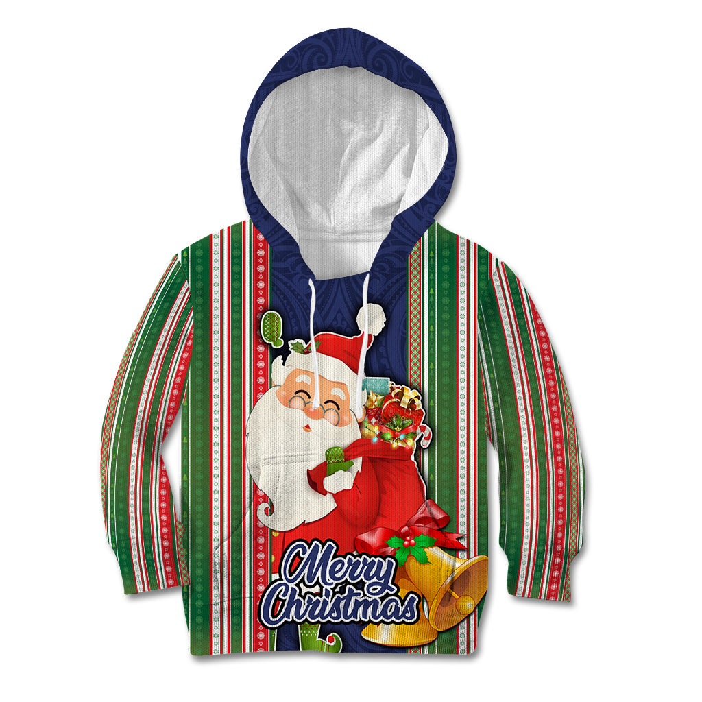 Custom Kiribati Christmas Kid Hoodie Santa With Gift Bag Behind Ribbons Seamless Blue Maori LT03 Blue - Polynesian Pride