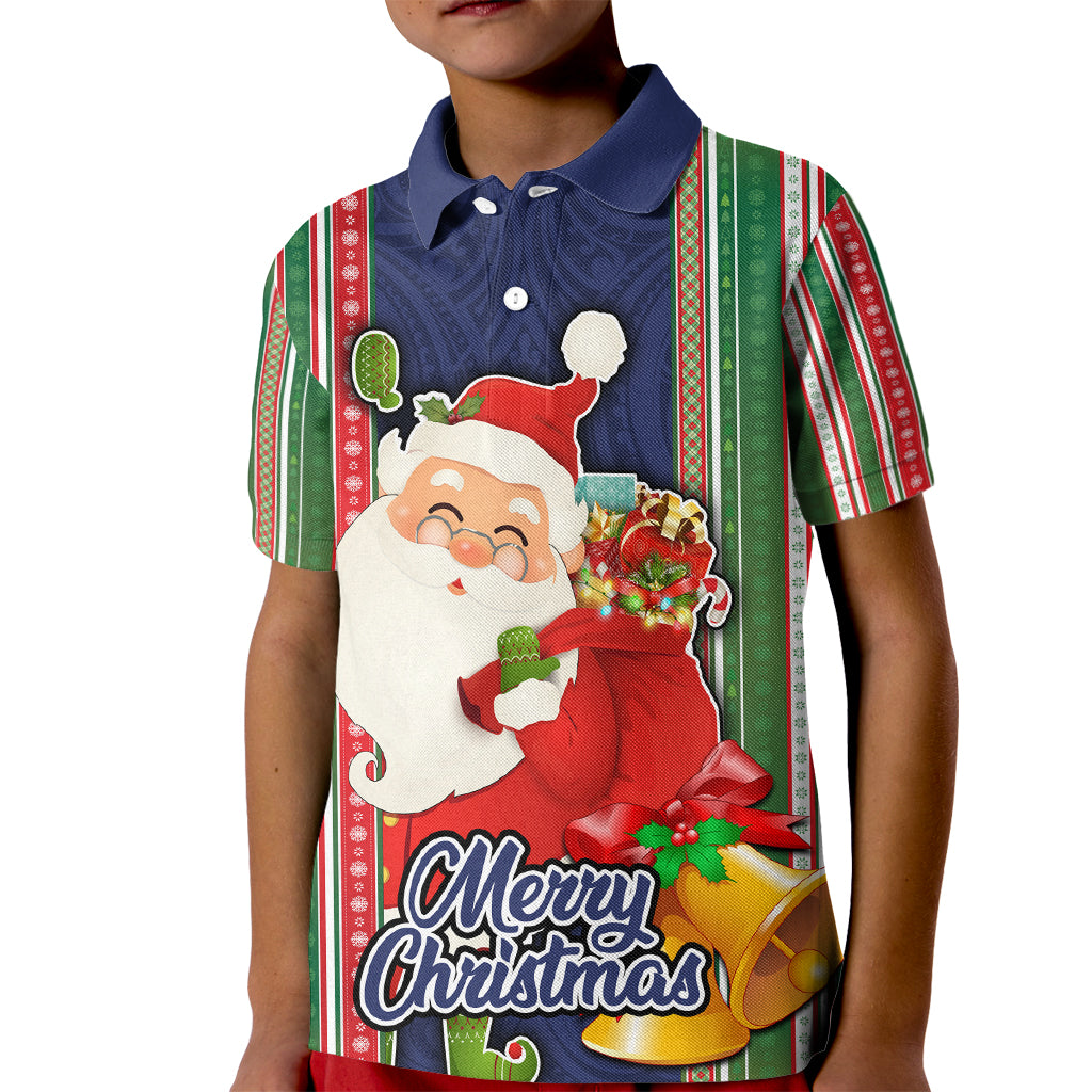 Custom Kiribati Christmas Kid Polo Shirt Santa With Gift Bag Behind Ribbons Seamless Blue Maori LT03 Kid Blue - Polynesian Pride