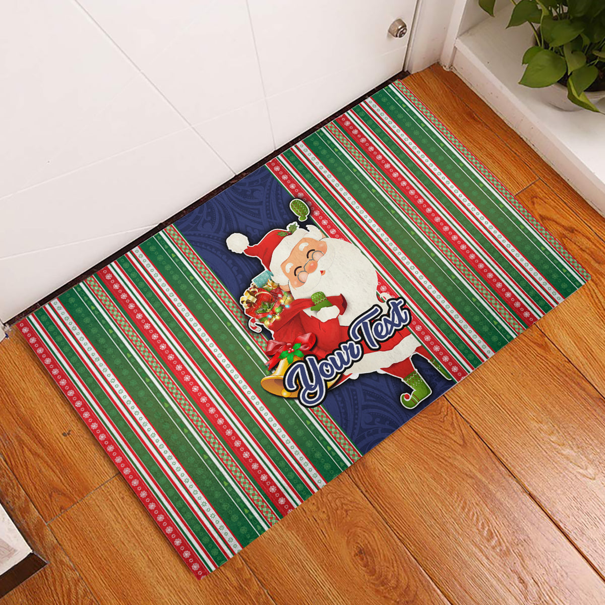 Custom Kiribati Christmas Rubber Doormat Santa With Gift Bag Behind Ribbons Seamless Blue Maori LT03 Blue - Polynesian Pride