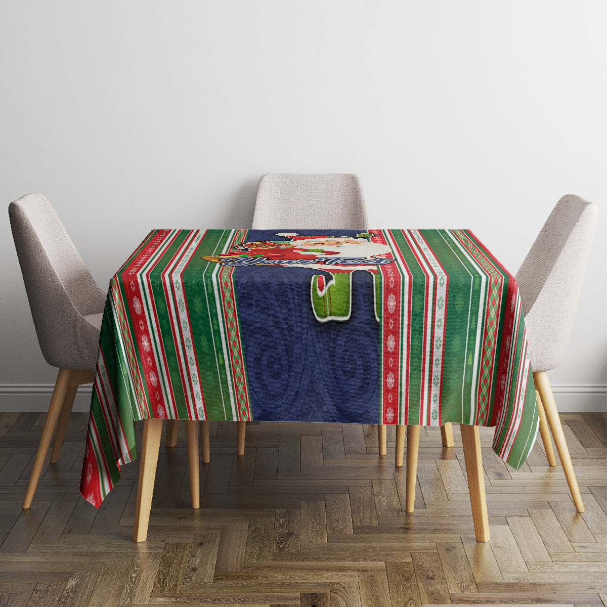 Custom Kiribati Christmas Tablecloth Santa With Gift Bag Behind Ribbons Seamless Blue Maori LT03 - Polynesian Pride