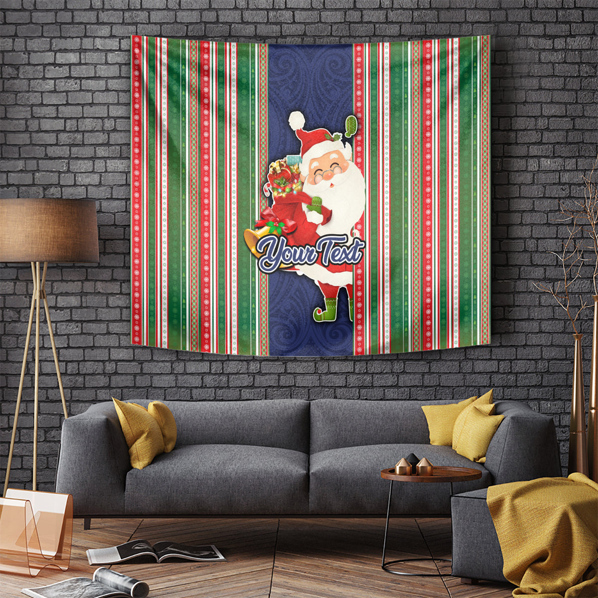 Custom Kiribati Christmas Tapestry Santa With Gift Bag Behind Ribbons Seamless Blue Maori LT03 Blue - Polynesian Pride