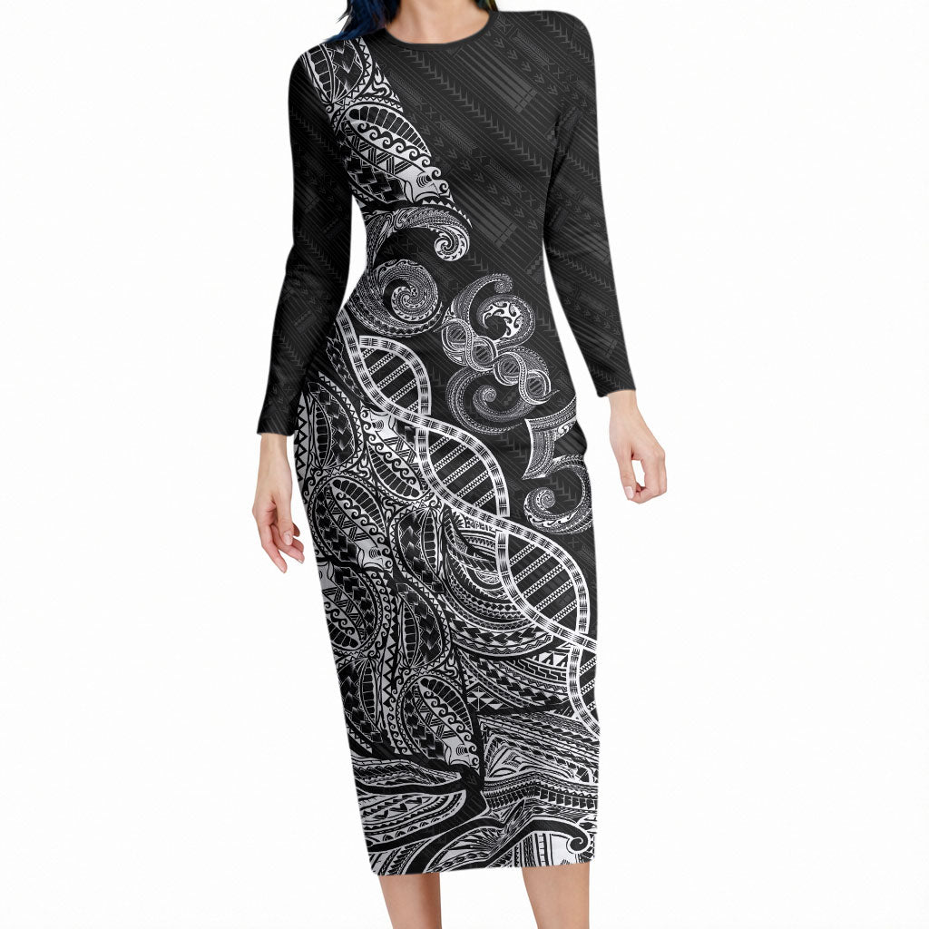Samoan Traditional Tattoo 685 Long Sleeve Bodycon Dress Tribal Tatau DNA Black Color LT03 Long Dress Black - Polynesian Pride