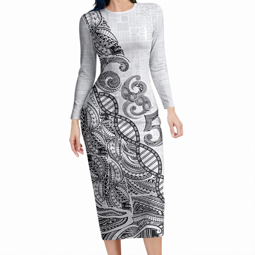 Samoan Traditional Tattoo 685 Long Sleeve Bodycon Dress Tribal Tatau DNA White Color LT03 Long Dress White - Polynesian Pride