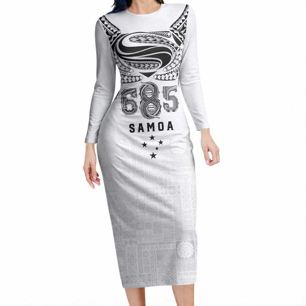 Super Samoa 685 Tribal Tattoo Long Sleeve Bodycon Dress Siapo Pattern White Edition LT03 Long Dress White - Polynesian Pride