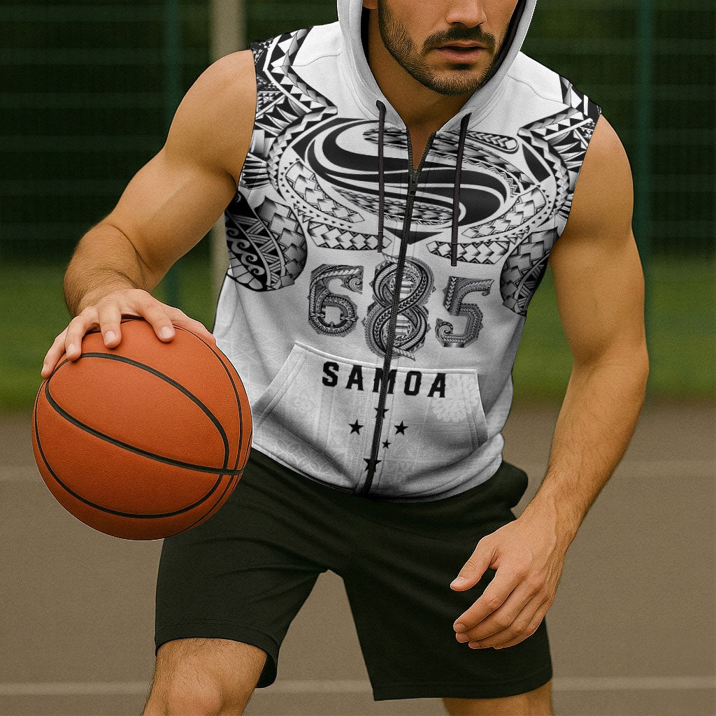 Super Samoa 685 Tribal Tattoo Sleeveless Zip Hoodie Siapo Pattern White Edition LT03 - Polynesian Pride