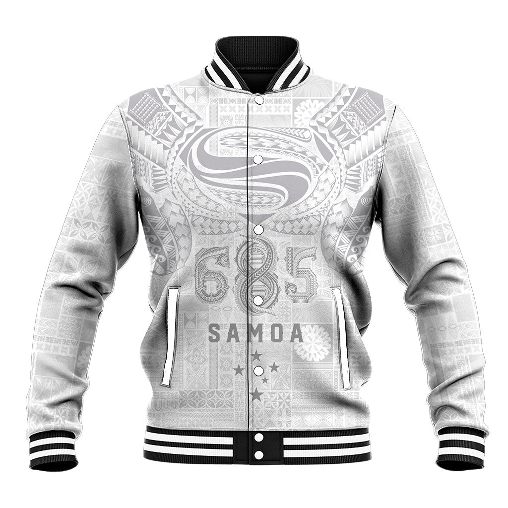 Super Samoa 685 Tribal Tattoo Baseball Jacket Siapo Pattern All-White Edition LT03 Unisex White - Polynesian Pride