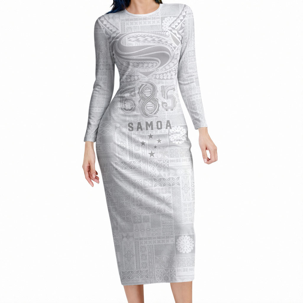 Super Samoa 685 Tribal Tattoo Long Sleeve Bodycon Dress Siapo Pattern All-White Edition LT03 Long Dress White - Polynesian Pride