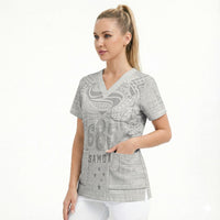 Super Samoa 685 Tribal Tattoo Scrub Top Siapo Pattern All-White Edition LT03 - Polynesian Pride