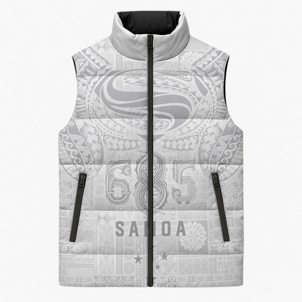 Super Samoa 685 Tribal Tattoo Sleeveless Puffer Jacket Siapo Pattern All-White Edition LT03 Unisex White - Polynesian Pride