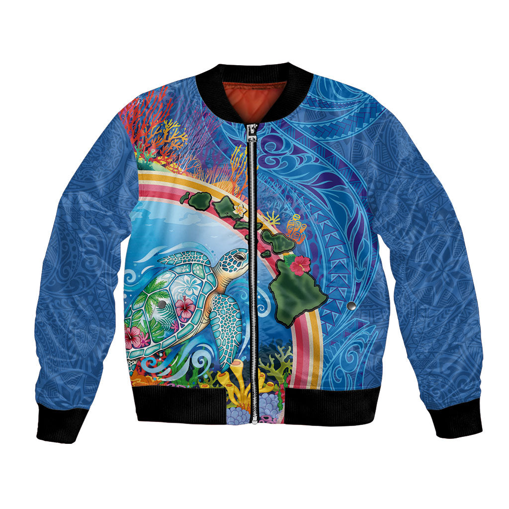 Hawaiian Connecting with the Ocean Bomber Jacket Polynesian Pattern LT03 Unisex Blue - Polynesian Pride