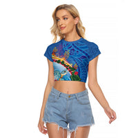 Hawaiian Connecting with the Ocean Raglan Cropped T Shirt Polynesian Pattern LT03 Female Blue - Polynesian Pride