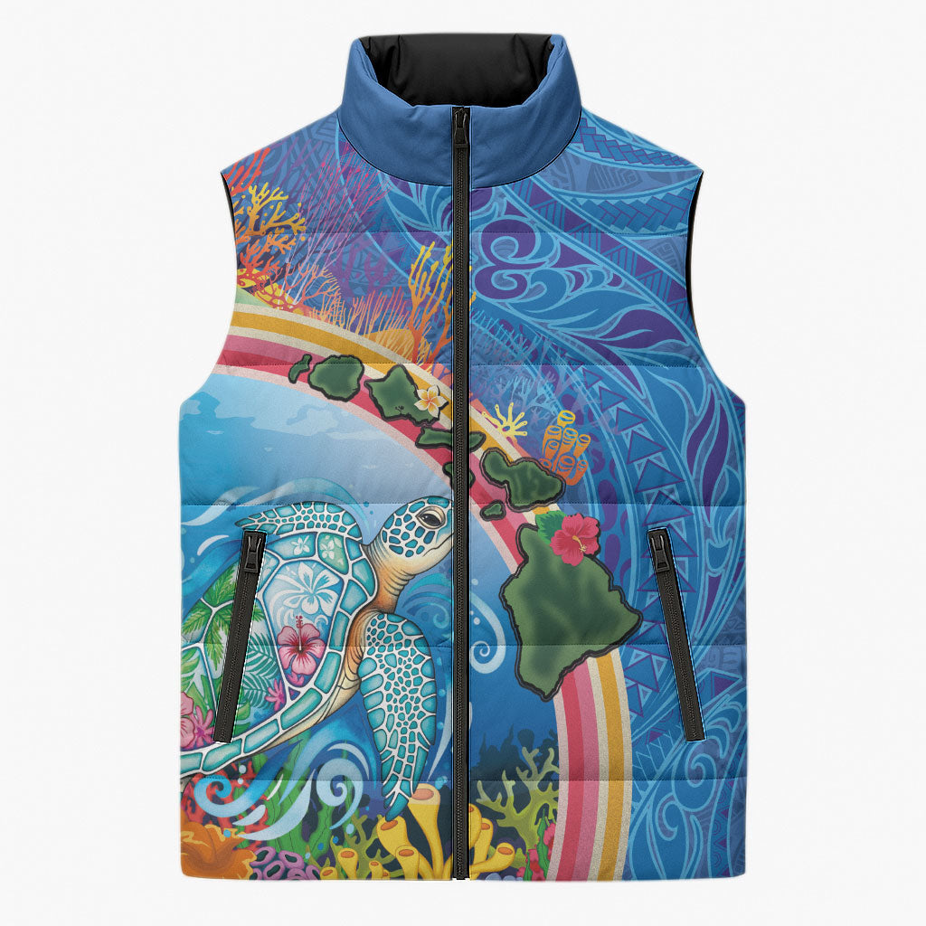 Hawaiian Connecting with the Ocean Sleeveless Puffer Jacket Polynesian Pattern LT03 Unisex Blue - Polynesian Pride