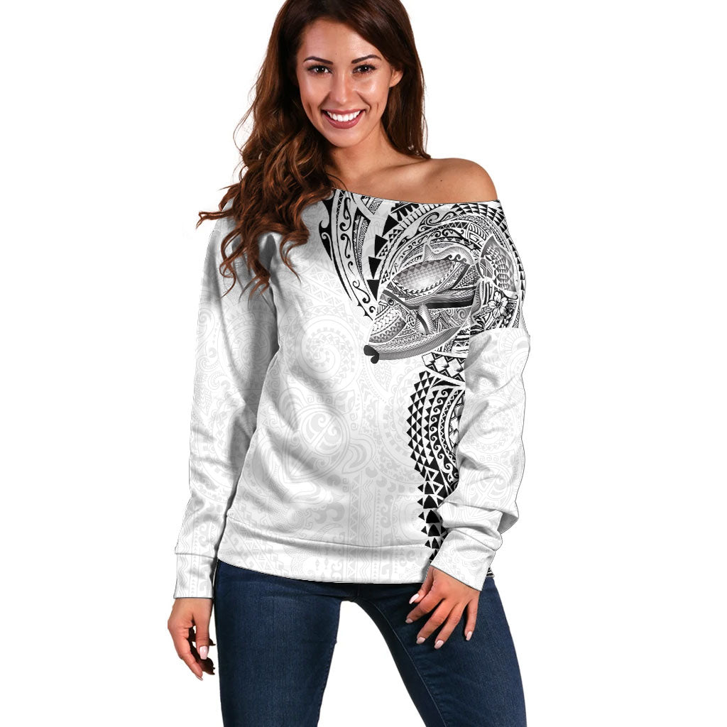 Hawaiian Humuhumu Tribal Tattoo Off Shoulder Sweater Polynesian Kakau White Color LT03 Women White - Polynesian Pride
