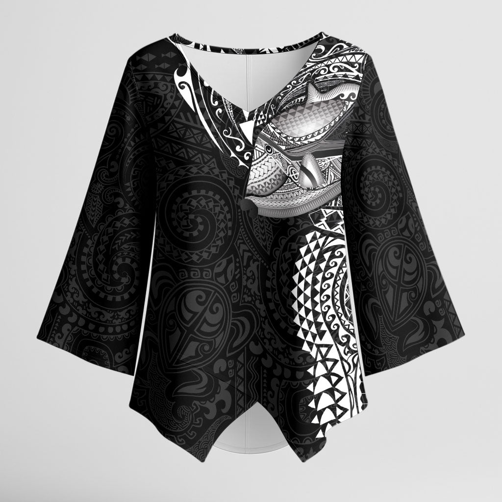 Hawaiian Humuhumu Tribal Tattoo Kimono Sleeve Blouse Polynesian Kakau Black Color LT03 Female Black - Polynesian Pride