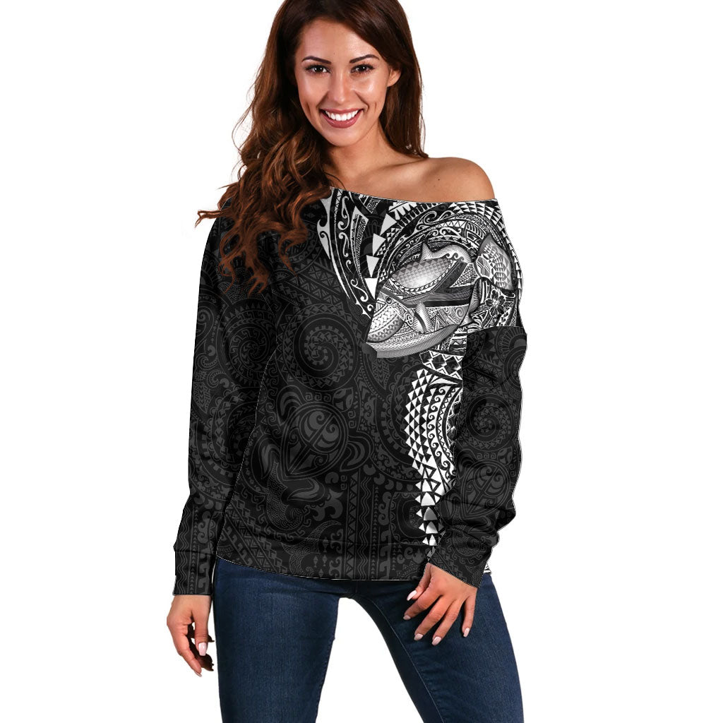 Hawaiian Humuhumu Tribal Tattoo Off Shoulder Sweater Polynesian Kakau Black Color LT03 Women Black - Polynesian Pride