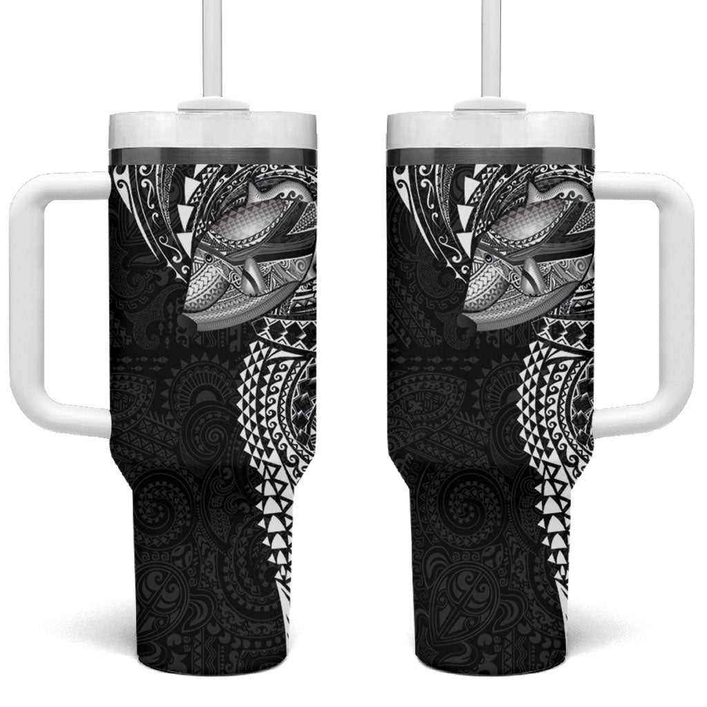 Hawaiian Humuhumu Tribal Tattoo Tumbler With Handle Polynesian Kakau Black Color LT03 One Size: 40 oz Black - Polynesian Pride