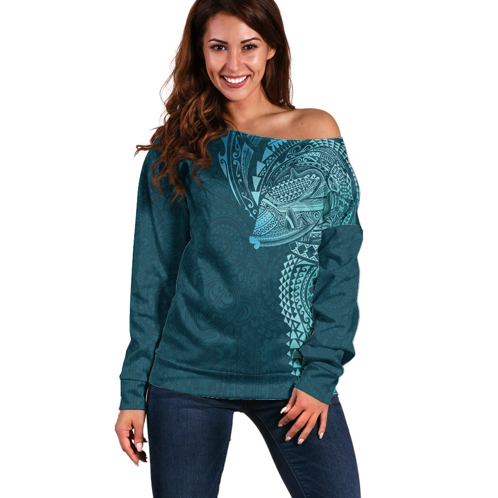 Hawaiian Humuhumu Tribal Tattoo Off Shoulder Sweater Polynesian Kakau Ocean Color LT03 Women Blue - Polynesian Pride