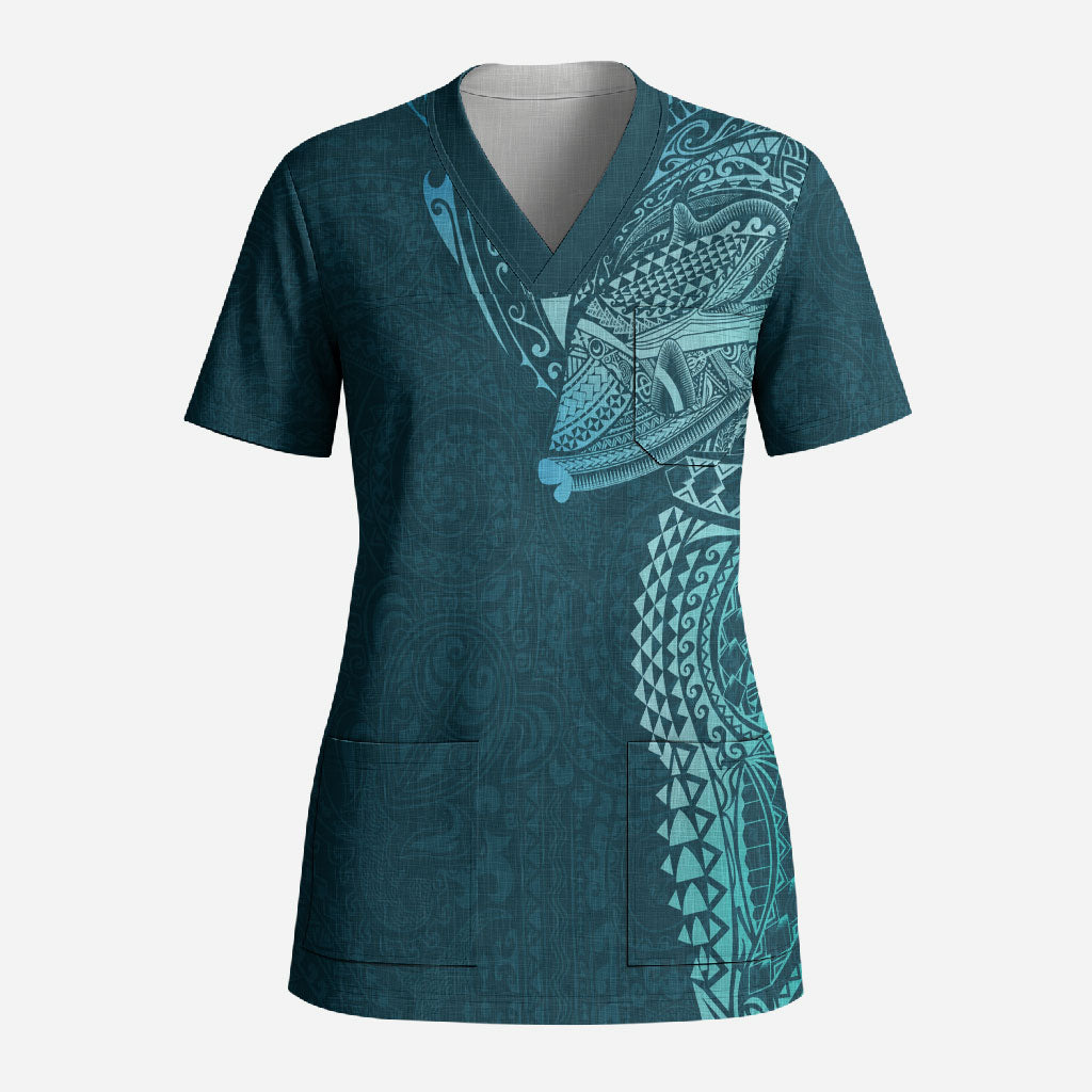 Hawaiian Humuhumu Tribal Tattoo Scrub Top Polynesian Kakau Ocean Color LT03 Adult Blue - Polynesian Pride