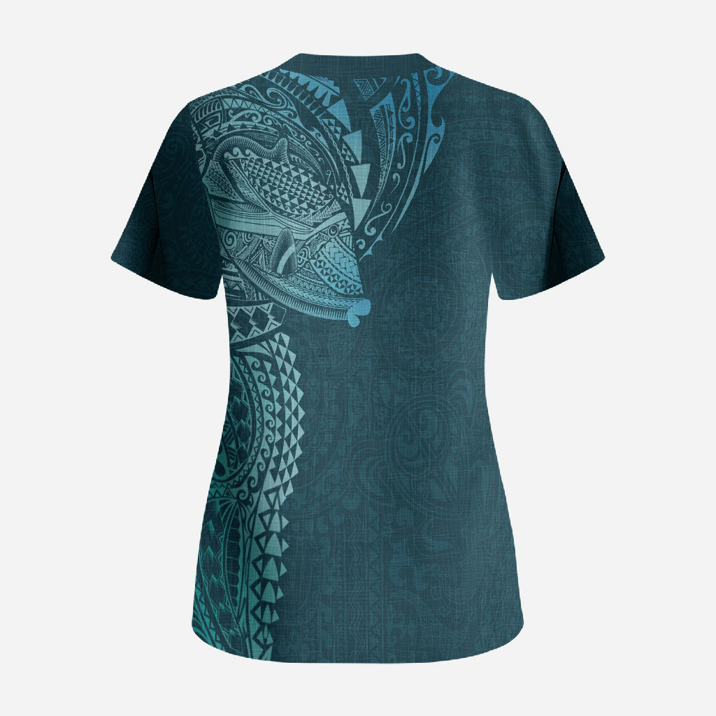 Hawaiian Humuhumu Tribal Tattoo Scrub Top Polynesian Kakau Ocean Color LT03 - Polynesian Pride