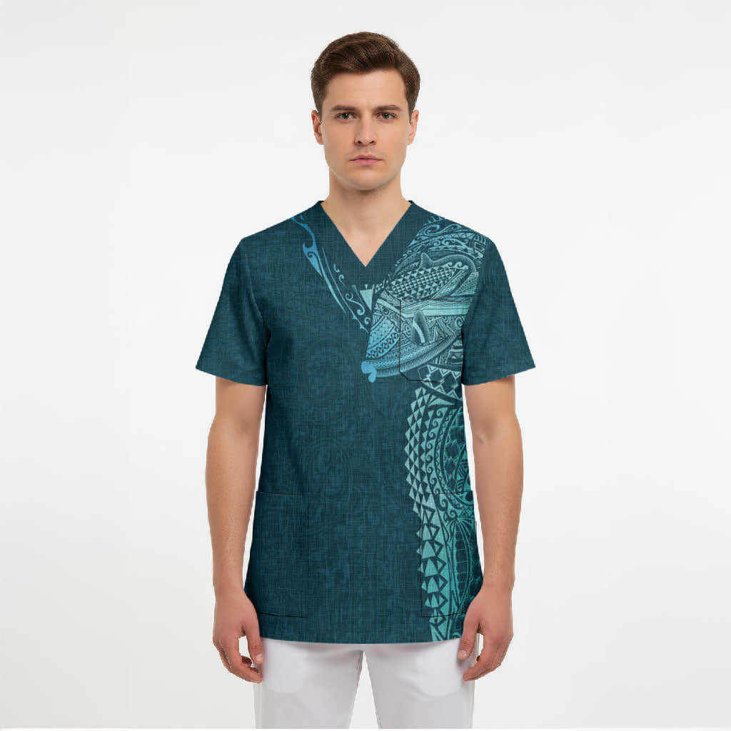 Hawaiian Humuhumu Tribal Tattoo Scrub Top Polynesian Kakau Ocean Color LT03 - Polynesian Pride
