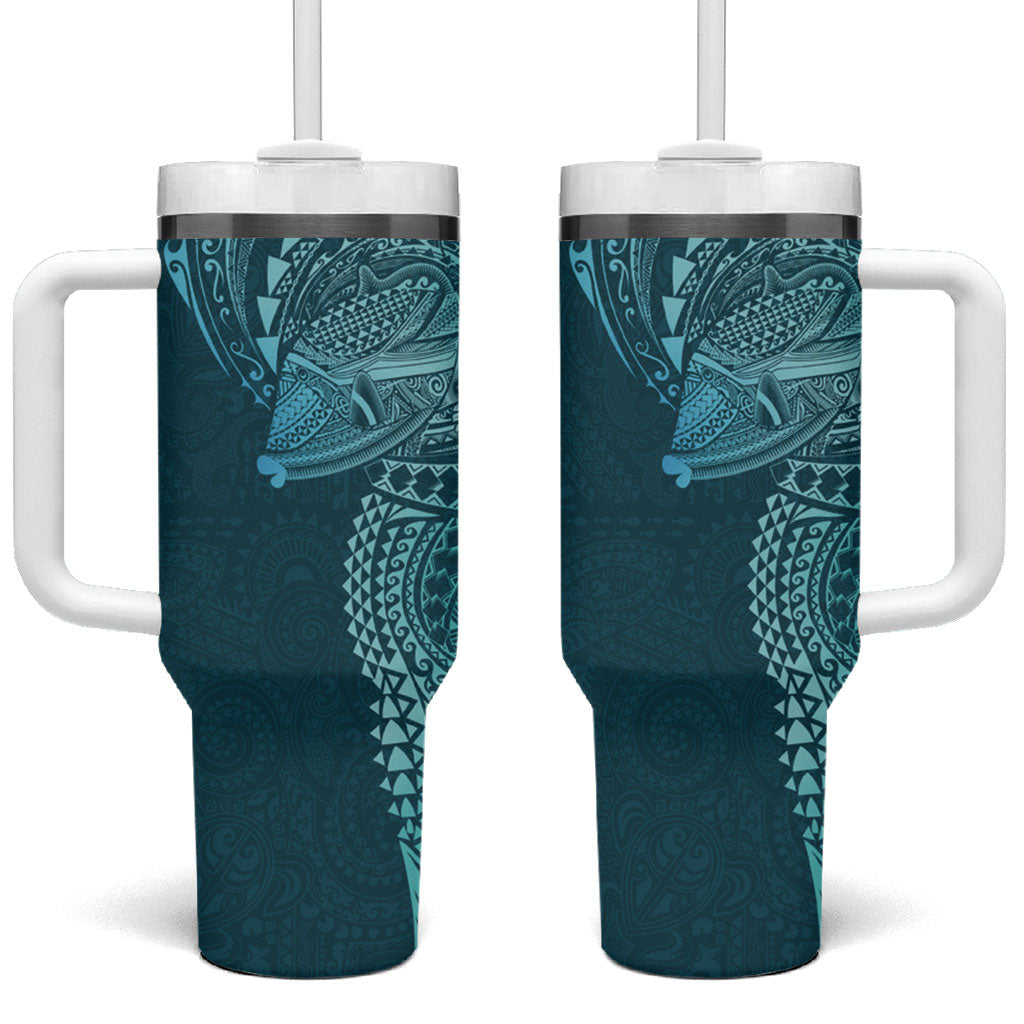 Hawaiian Humuhumu Tribal Tattoo Tumbler With Handle Polynesian Kakau Ocean Color LT03 One Size: 40 oz Blue - Polynesian Pride