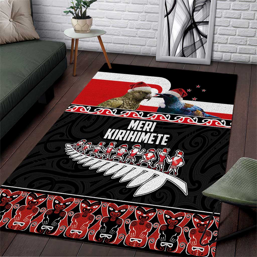 New Zealand Meri Kirihimete Area Rug Christmas Tui Bird and Kea Bird - Haka Santa with Maori Koru Art Pattern