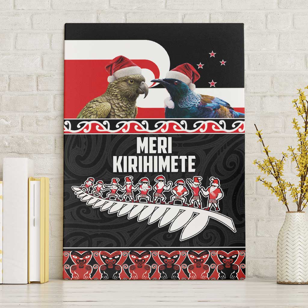 New Zealand Meri Kirihimete Canvas Wall Art Christmas Tui Bird and Kea Bird - Haka Santa with Maori Koru Art Pattern LT03 Without Frame Black - Polynesian Pride