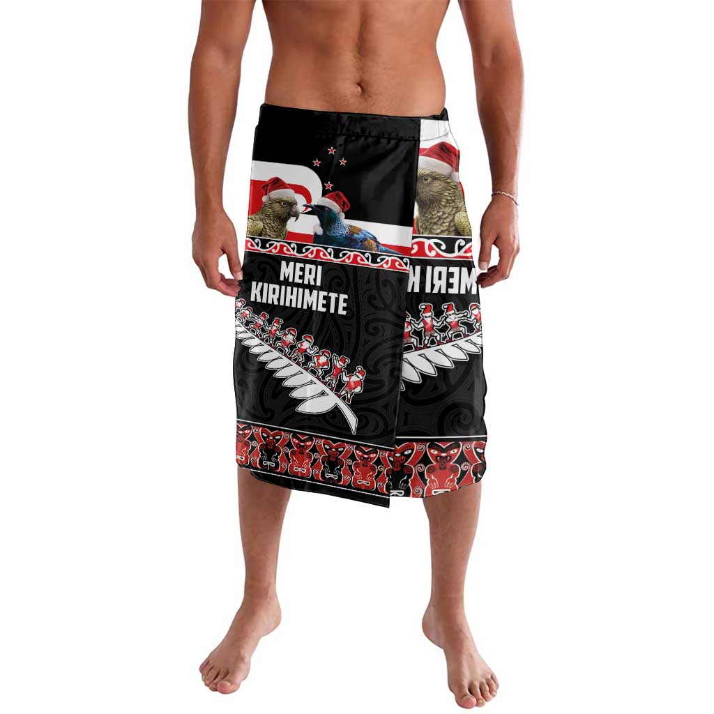 New Zealand Meri Kirihimete Lavalava Christmas Tui Bird and Kea Bird - Haka Santa with Maori Koru Art Pattern LT03 Black - Polynesian Pride