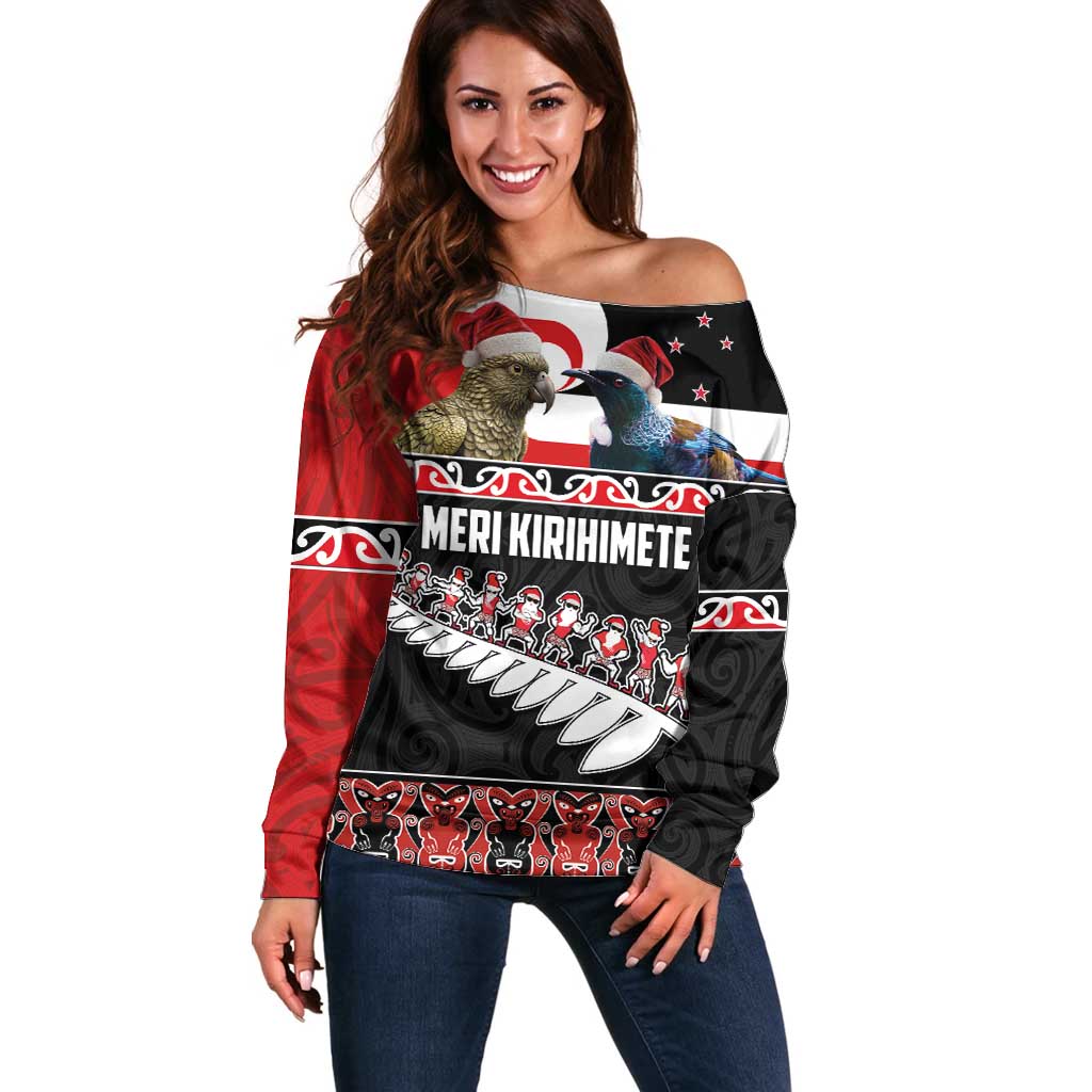 New Zealand Meri Kirihimete Off Shoulder Sweater Christmas Tui Bird and Kea Bird - Haka Santa with Maori Koru Art Pattern LT03 Women Black - Polynesian Pride