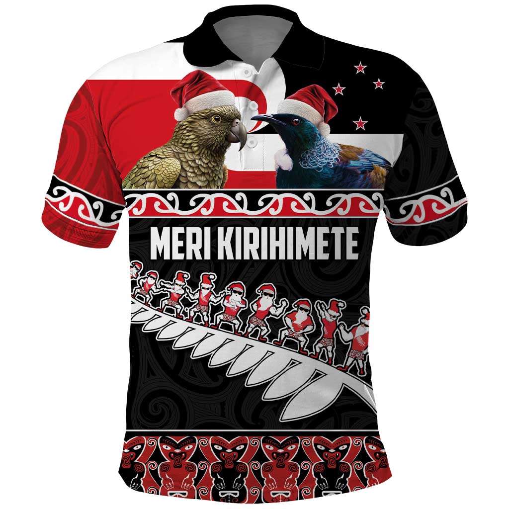 New Zealand Meri Kirihimete Polo Shirt Christmas Tui Bird and Kea Bird - Haka Santa with Maori Koru Art Pattern