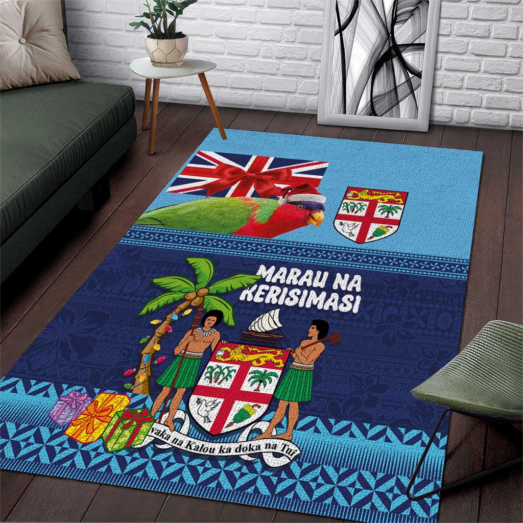 Fiji Marau na Kerisimasi Area Rug Christmas Collared Lory - Fiji Emblems and Xmas Palm Tree Tapa Art Pattern LT03 Blue - Polynesian Pride