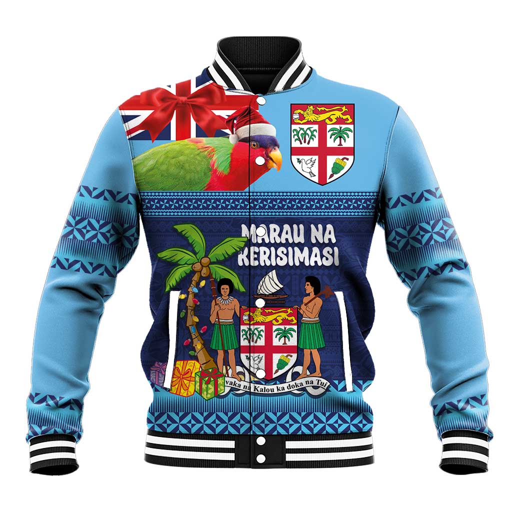 Fiji Marau na Kerisimasi Baseball Jacket Christmas Collared Lory - Fiji Emblems and Xmas Palm Tree Tapa Art Pattern LT03 Unisex Blue - Polynesian Pride