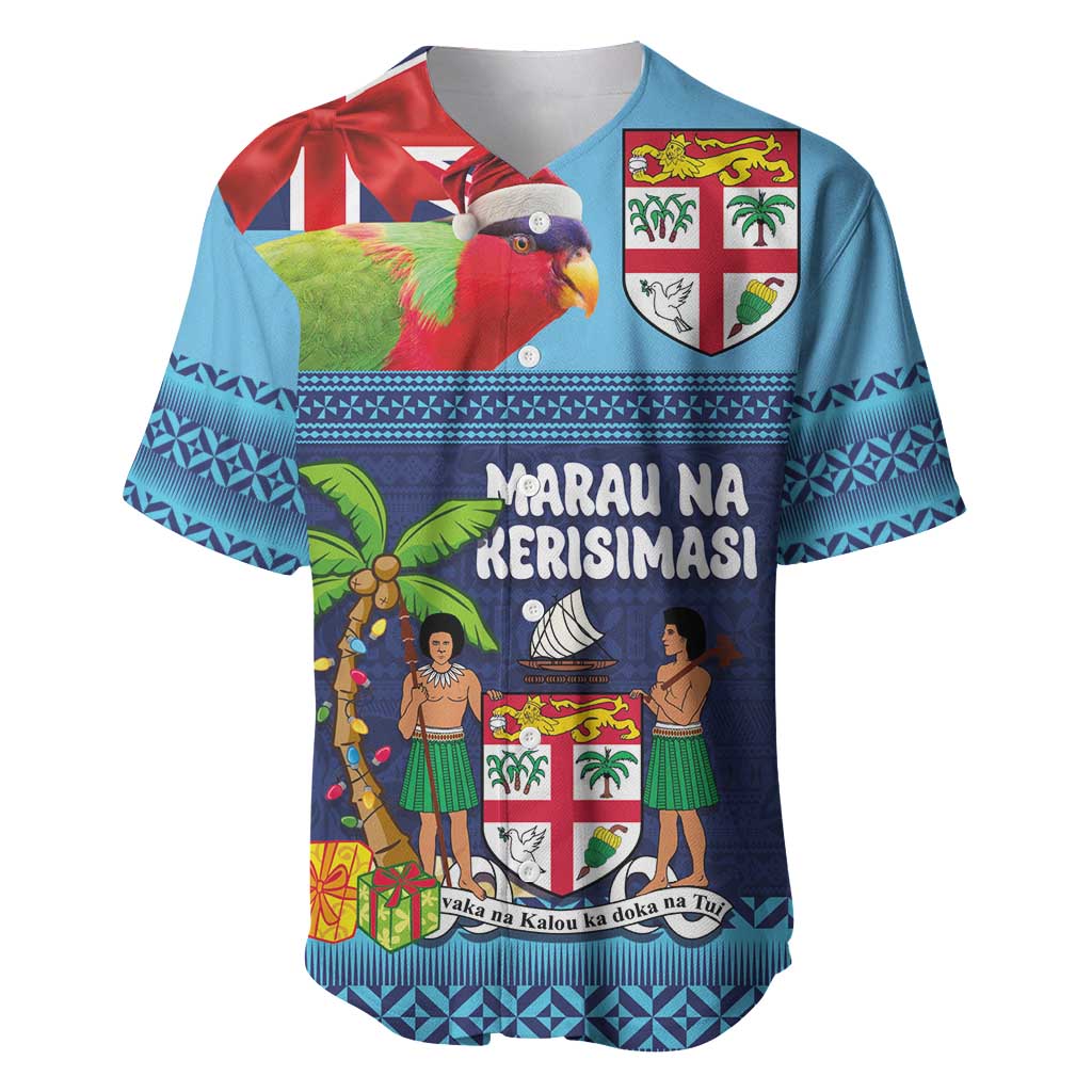 Fiji Marau na Kerisimasi Baseball Jersey Christmas Collared Lory - Fiji Emblems and Xmas Palm Tree Tapa Art Pattern LT03 Blue - Polynesian Pride