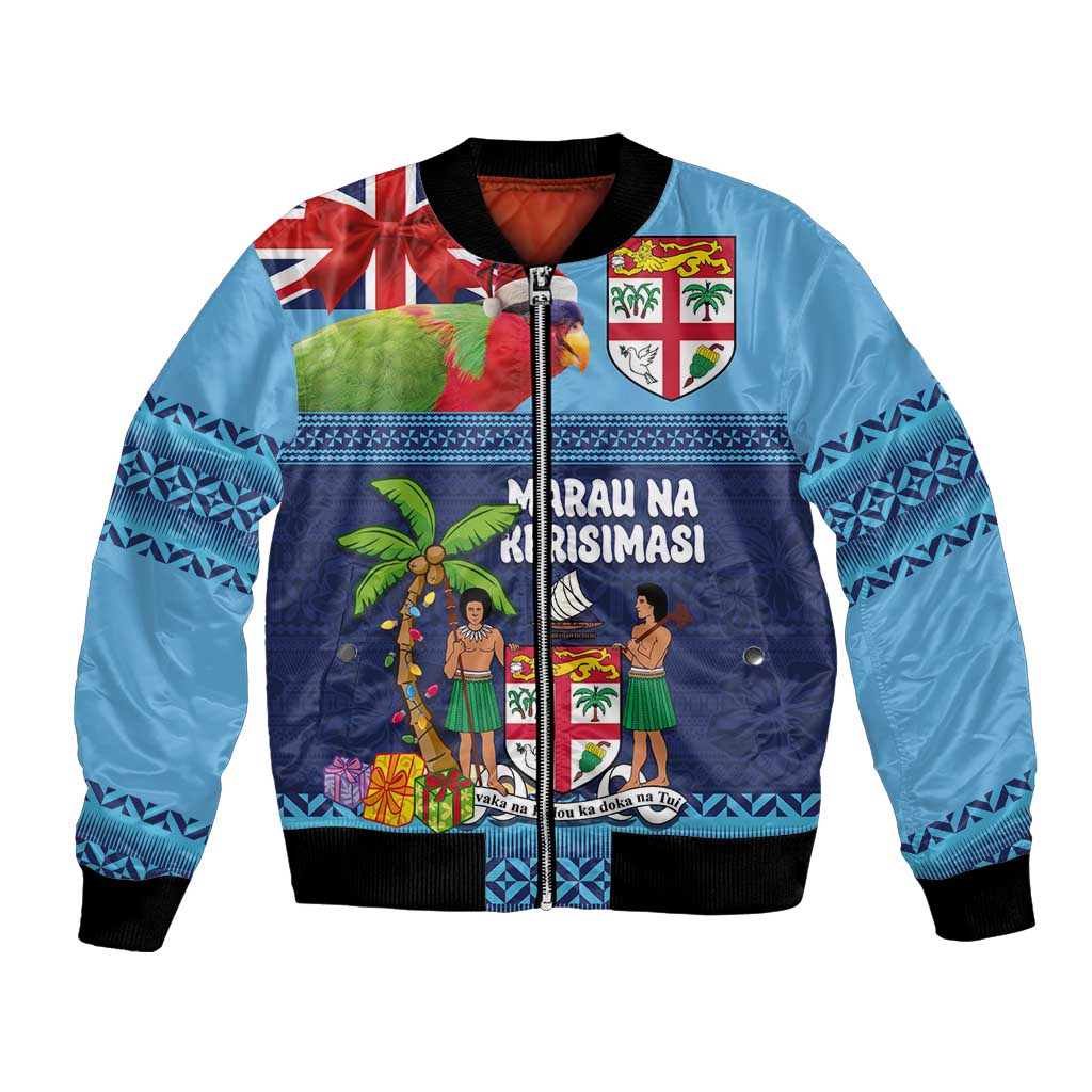 Fiji Marau na Kerisimasi Bomber Jacket Christmas Collared Lory - Fiji Emblems and Xmas Palm Tree Tapa Art Pattern LT03 Unisex Blue - Polynesian Pride