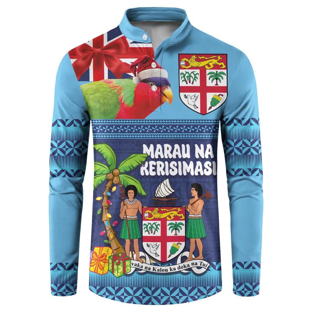 Fiji Marau na Kerisimasi Button Sweatshirt Christmas Collared Lory - Fiji Emblems and Xmas Palm Tree Tapa Art Pattern LT03 Blue - Polynesian Pride