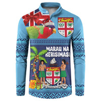 Fiji Marau na Kerisimasi Button Sweatshirt Christmas Collared Lory - Fiji Emblems and Xmas Palm Tree Tapa Art Pattern LT03 Blue - Polynesian Pride