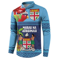 Fiji Marau na Kerisimasi Button Sweatshirt Christmas Collared Lory - Fiji Emblems and Xmas Palm Tree Tapa Art Pattern LT03 - Polynesian Pride