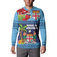 Fiji Marau na Kerisimasi Button Sweatshirt Christmas Collared Lory - Fiji Emblems and Xmas Palm Tree Tapa Art Pattern LT03 - Polynesian Pride