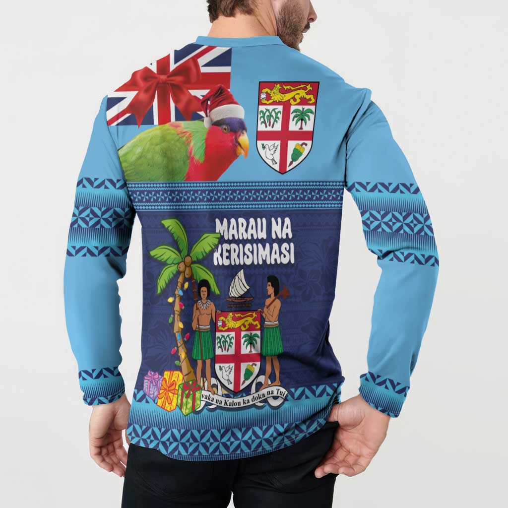 Fiji Marau na Kerisimasi Button Sweatshirt Christmas Collared Lory - Fiji Emblems and Xmas Palm Tree Tapa Art Pattern LT03 - Polynesian Pride