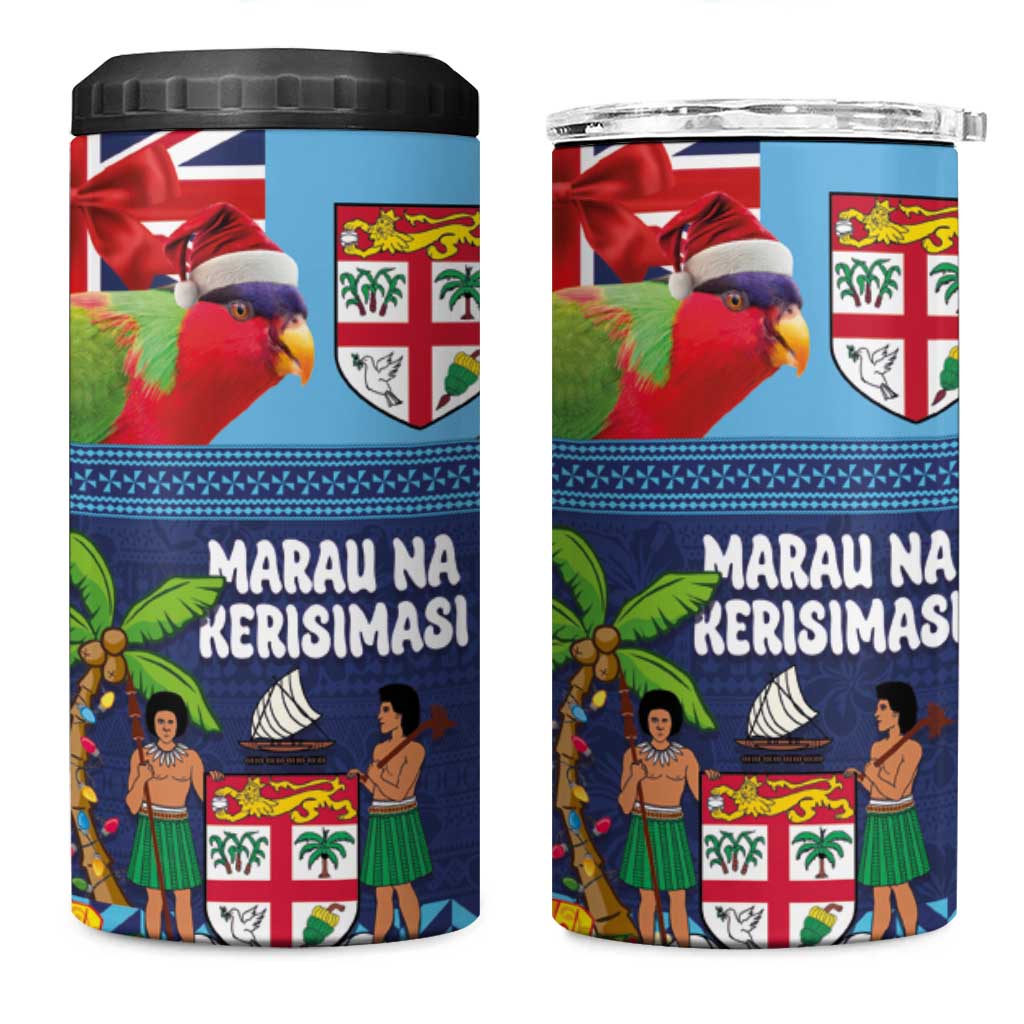 Fiji Marau na Kerisimasi 4 in 1 Can Cooler Tumbler Christmas Collared Lory - Fiji Emblems and Xmas Palm Tree Tapa Art Pattern