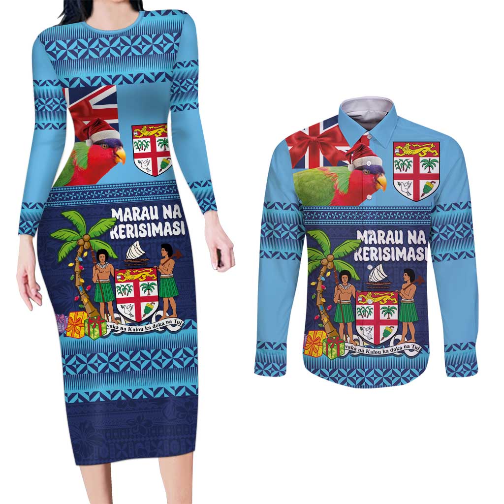 Fiji Marau na Kerisimasi Couples Matching Long Sleeve Bodycon Dress and Long Sleeve Button Shirt Christmas Collared Lory - Fiji Emblems and Xmas Palm Tree Tapa Art Pattern