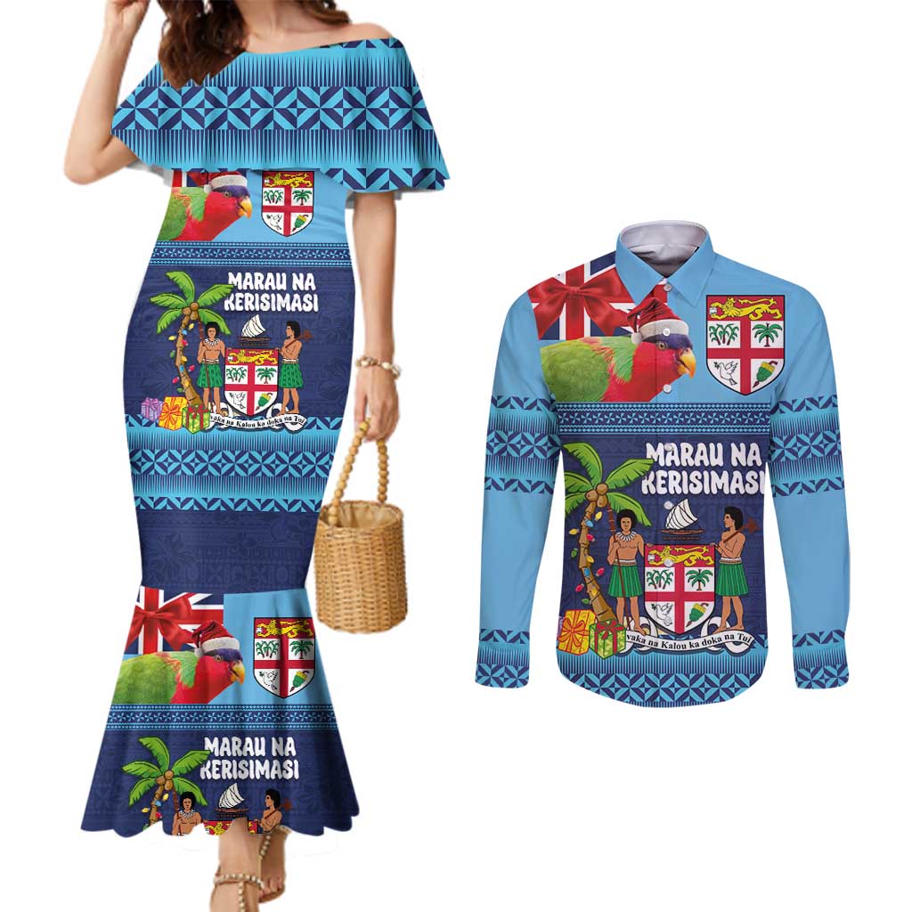 Fiji Marau na Kerisimasi Couples Matching Mermaid Dress and Long Sleeve Button Shirt Christmas Collared Lory - Fiji Emblems and Xmas Palm Tree Tapa Art Pattern