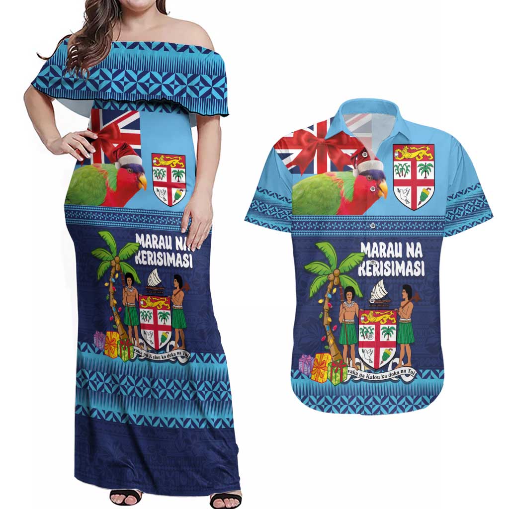 Fiji Marau na Kerisimasi Couples Matching Off Shoulder Maxi Dress and Hawaiian Shirt Christmas Collared Lory - Fiji Emblems and Xmas Palm Tree Tapa Art Pattern